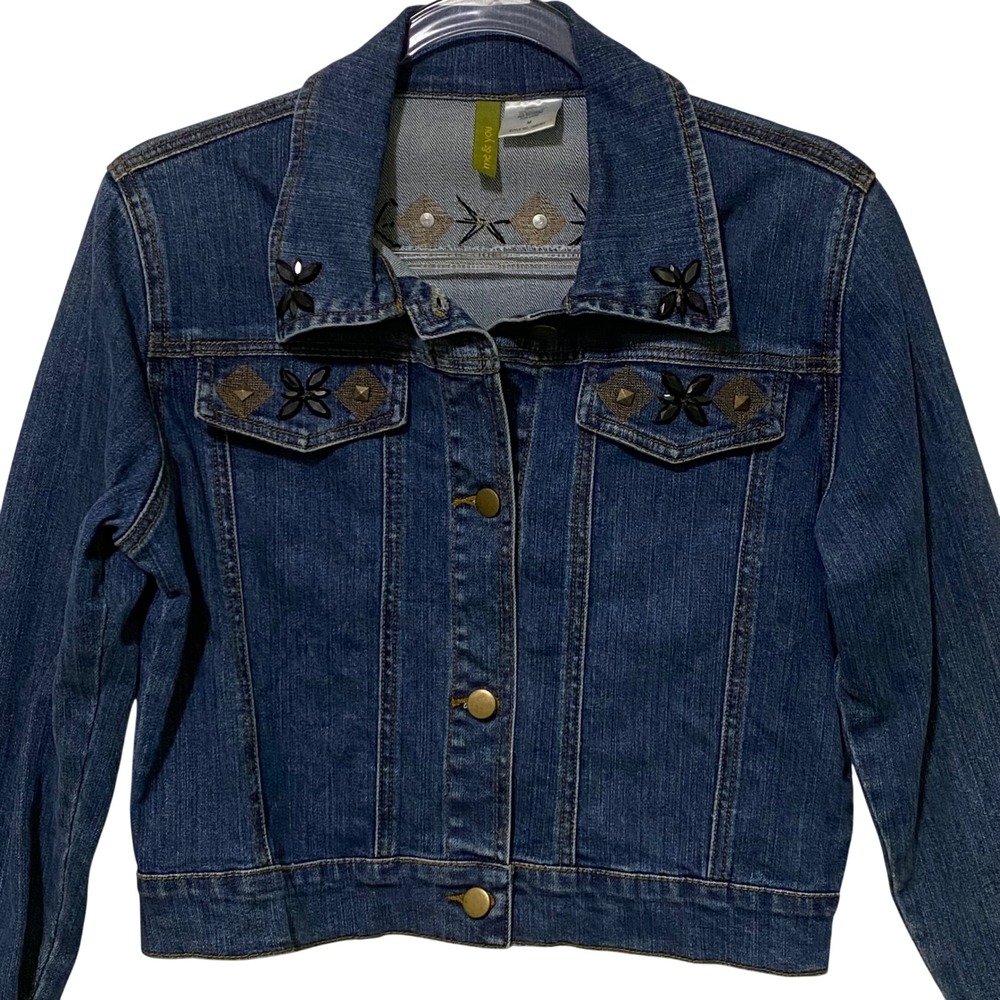 Womens Embellished Embroidered Jean Jacket M Blue Boho Western Americana Artsy
